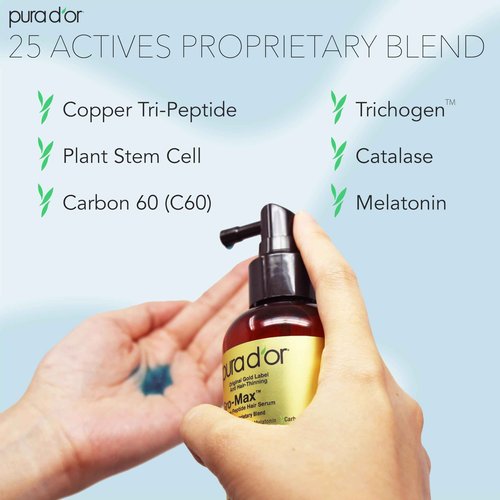 PURA D'OR 3.38 Oz Gro-Max Advanced Peptide Hair Serum (NEW FORMULA) Plant Stem Cell, Catalase, Copper Tri-Peptide, C60, Biotin, Melatonin, Trichogen, Caffeine, Rosemary - Stronger, Thicker Hair
