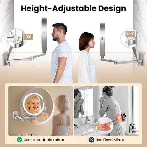 FRANO Wall Mounted Makeup Mirror with Lights, 8-inch 20X/1X Magnifying Mirror, Rechargeable LED Vanity Mirror with 3 Color Lights, 360° Swivel & Extendable Arm