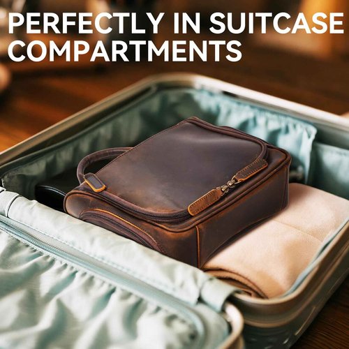 MCKDERWRILL Versatile Genuine Leather Travel Hanging Toiletry Bag, A Dark Brown Hanging Makeup Organizer for Men or Women, Water-resistant Shaving Kit Bag Suitable for Camping and Travel Trips