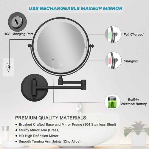 LEDOOLE Brass Wall Mounted Magnifying Mirror with Light 1X/10X, Rechargeable Arm Touch Dimmable 360 Rotation Foldable Bathroom Light up Wall Mirror Extendable, Matte Black