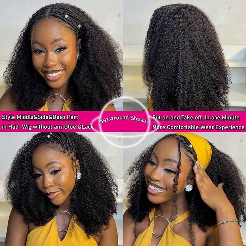 Glueless Half Wigs Human Hair Kinky-Curly Headband Wig Upgrade 3 In 1 Half Wig with Drawstring Seamless Clip Ins Flip Over 200 Density Curly Human Hair Wig For Black Women 16 Inch