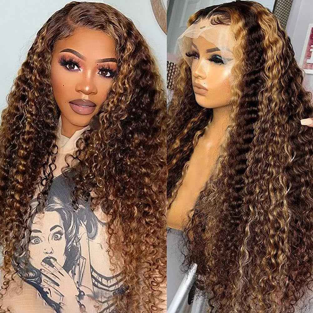 Highlight Ombre 13x6 Deep Wave Lace Front Wigs Human Hair Wet and Wavy 180 Density Curly Honey Blonde 4/27 HD Lace Frontal Wig for Women Pre Plucked Bleached Knots 26 Inch