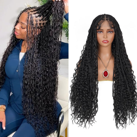 36 Inch Long Boho Knotless Braided Wigs For Women Natural Black 100% Hand Tied 13x6 Bohemian Boho Box Braids Lace Front Wig Synthetic Braid Wig With Baby Hair (Natural Color Braided Wigs, 36 Inch)