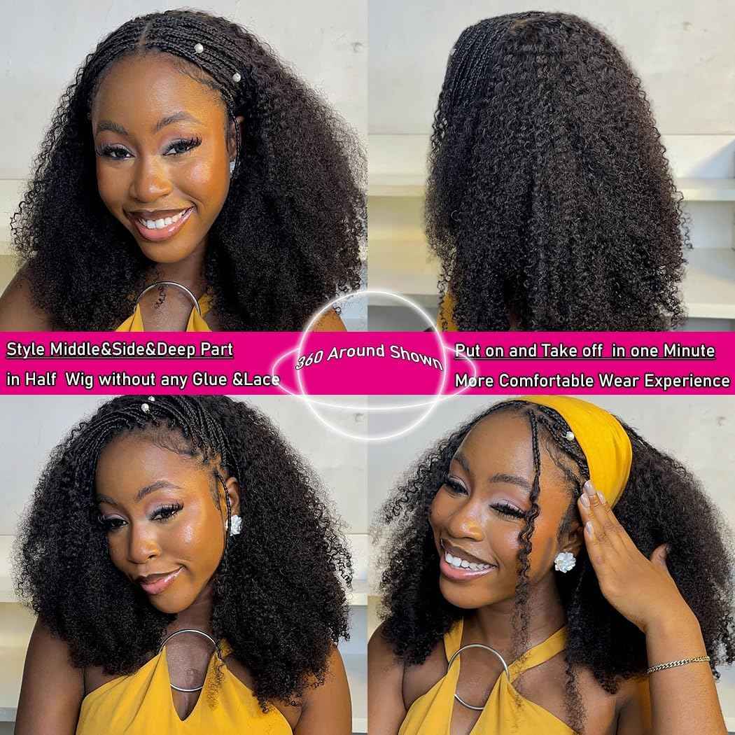Kinky Curly Half Wig Human Hair 200% Density 3 In 1 Seamless Flip Over Half Wigs Human Hair Glueless Wear and Go Beginner Friendly Kinky Curly Wig Human Hair Drawstring Headband Wig for Women 20 Inch