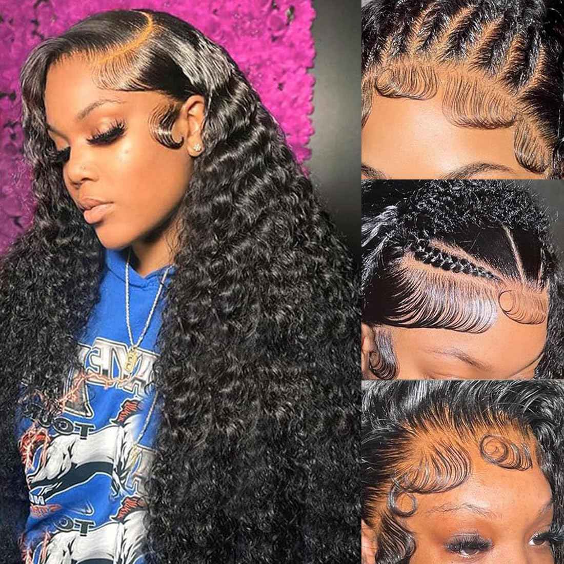 22 Inch Deep Wave Lace Front Wigs Human Hair Pre Plucked 13x6 HD Lace Front Curly Wigs Human Hair 200% Density Glueless Frontal Wigs Human Hair with Baby Hair Curly Wigs for Women Natural Black