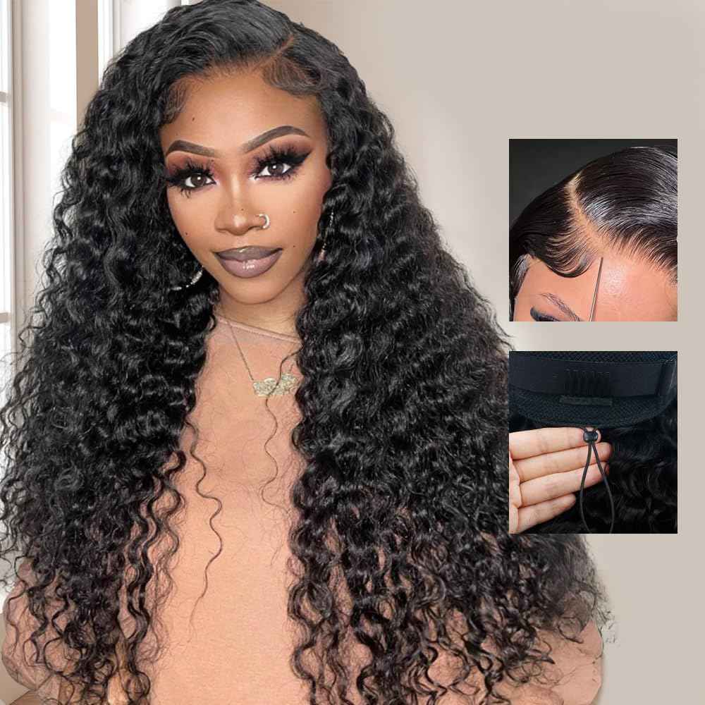 Goulus 7x6 Deep Wave Glueless Wigs Human Hair Pre Plucked Pre Cut 250% Density Drawstring Wig Human Hair Wear and Go Glueless Wigs for Black Women Natural Color #1B 16 Inch