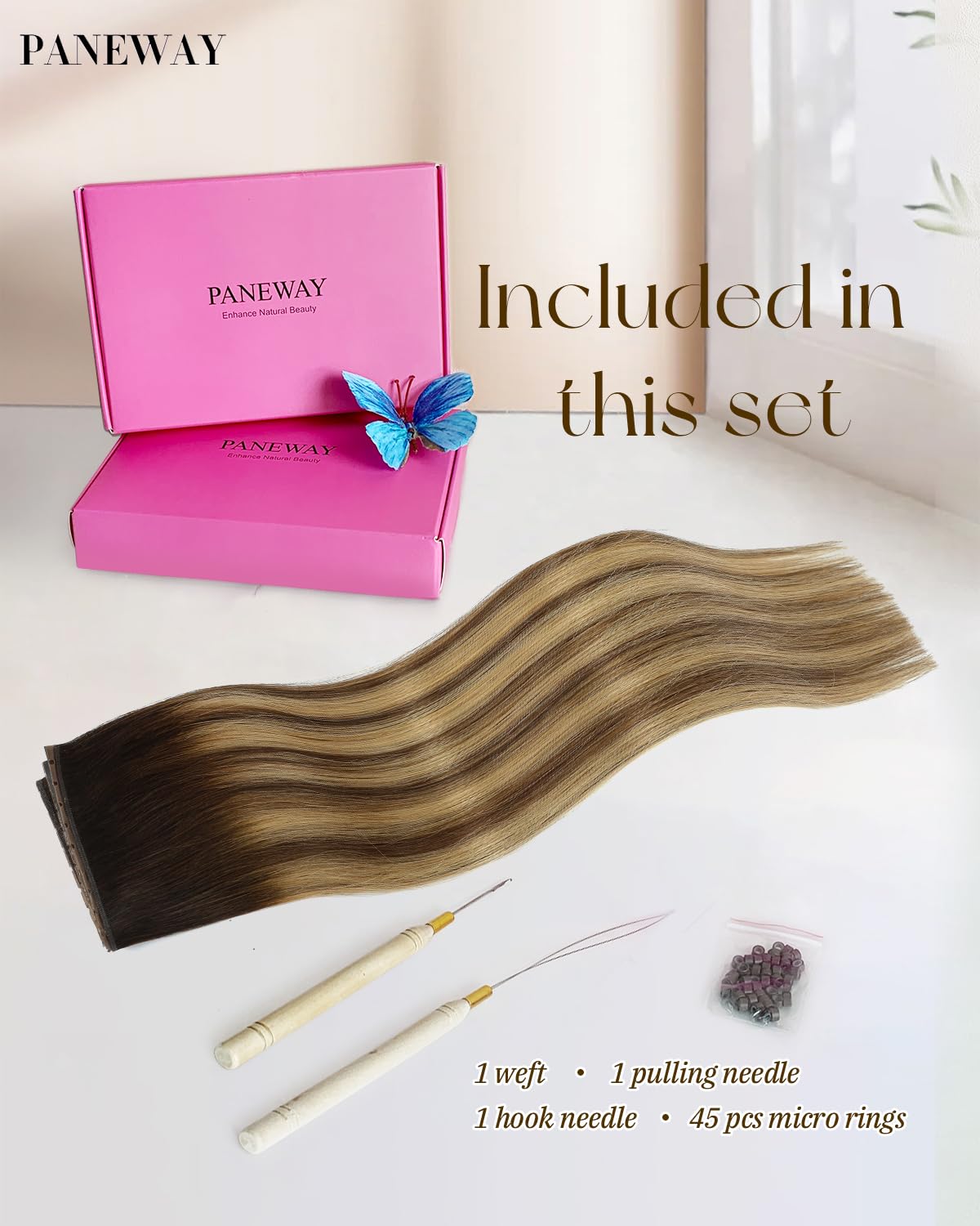 PANEWAY Butterfly Weft Hair Extensions Real Human Hair Layer Invisible PU OVO Extensions No Glue Genius Weft with Micro Beads for Short/Thin Hair (#P6/16/T2,20 Inch)