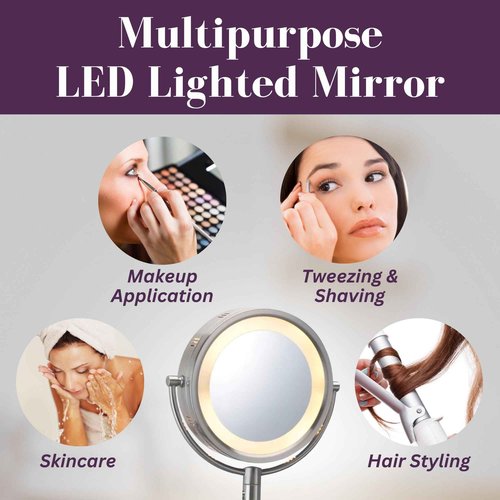 JERDON Wall-Mounted Makeup Mirror with 5X Magnification - Nickel Makeup Mirror with LED Lights - Plug in - HL65N