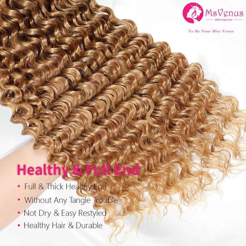 msVenus Ombre Human Hair Deep Wave Bundles T4/27# Brown to Honey Blonde Color Deep Curly Human Hair 3 Bundles for Women Wet and Wavy Bundle (18 20 22 Inches)