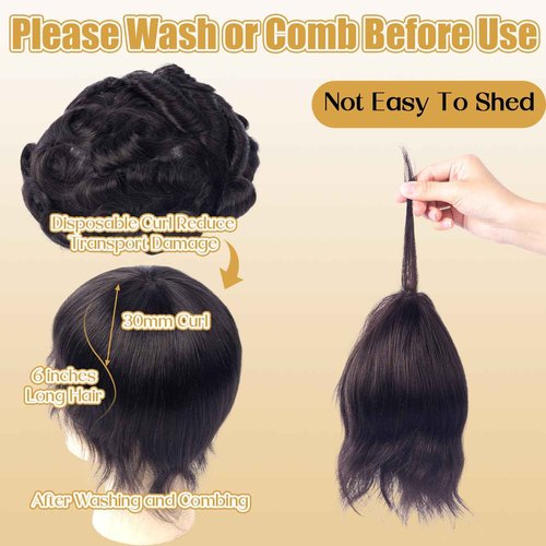 CARA Human Hair Toupee for Men, 8 x 10 inches, Ultra Thin Skin 0.04mm, V-loop, Medium Light Density, Color 1b (8X10 Simple bag packaging)