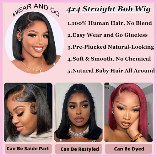Wear and Go Glueless Bob Wig Human Hair Pre Plucked Pre Cut 4x4 HD Lace Closure Bob Wigs For Black Women Human Hair Straight Bob Wigs No Glue Lace Closure Wigs For Beginner 200% Density 16 Inch