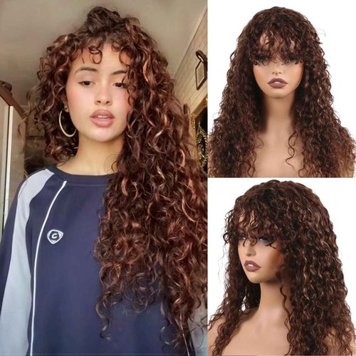 ManeMajesty 22 Inch Wet and Wavy Wig with Bangs, Glueless Non-Lace Front, 150% Density Brazilian Virgin Human Hair, Machine Made Curly Bob Wig for Women, Fs4/27 Brown with Blonde