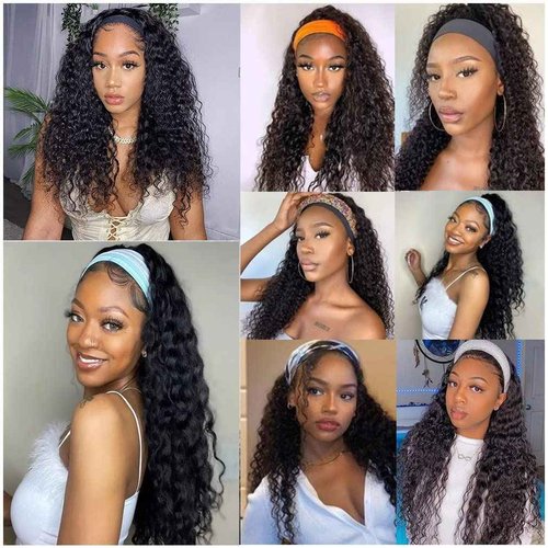 NICMISS Deep Wave Headband Wig Human Hair 24 Inch Curly Headband Wigs for Black Women Human Hair Glueless None Lace Front Wig Brazilian Virgin Hair Wear and Go Wigs 150% Density Natural Black Color