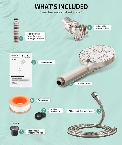 Filtered Shower Head with Handheld, High Pressure 9 Spray Mode Brushed Nickel Showerhead with Filters, detachable shower head,Water Softener Filters Beads for Hard Water - Remove Chlorine