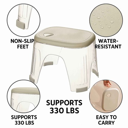 Acrylic Shower Stool Waterproof - Clear Shower Foot Rest for Shaving Legs, Corner Step Foot Stool for Inside Shower, Small Seat for Bathroom Bedroom Kitchen 300 Lb Capacity, Tool-Free Assembly