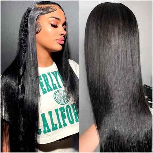 Atohallan 13x4 Straight Lace Front Wigs Human Hair 24 Inch Pre Plucked Human Hair Wig Glueless 180% Density HD Transparent Lace Frontal Wigs Human Hair for Black Women Natural Color(24 Inch)