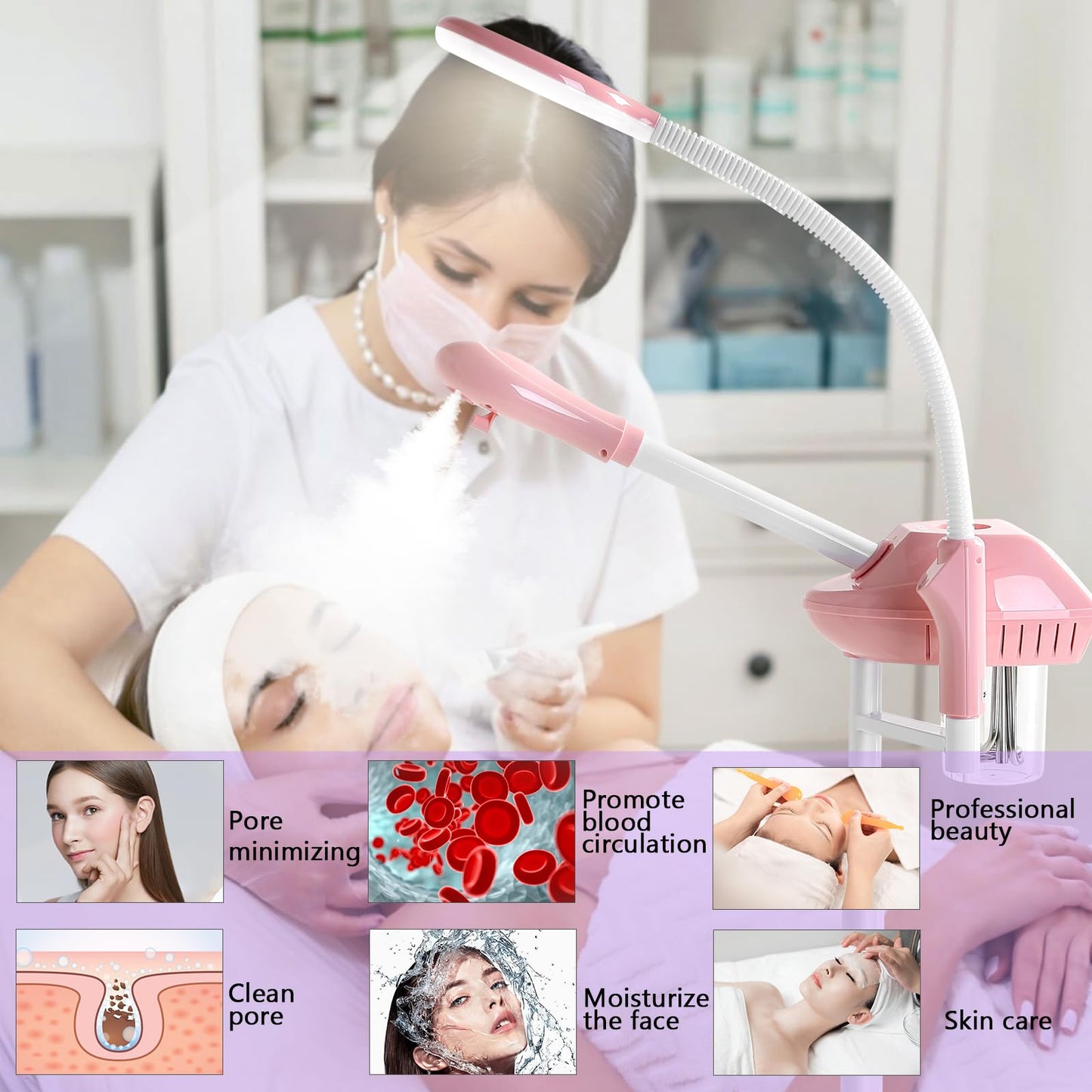 Professional Facial Steamer, 2In1 Face Steamer on Wheels for Facial Deep Cleaning, SPA Facial Steamer for Esthetician with 5X Magnifying Lamp, Stand Face Steamer with Time Setting, Pink