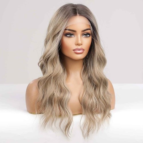 HAIRCUBE Long Ombre Ash Blonde with Highlight Lace Front Wigs for Women,Natural Wavy Middle Parting Synthetic Wigs Lace Wigs