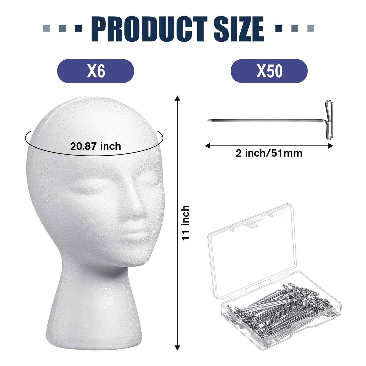 Gisafai 6 Pcs Foam Wig Head with 50 Pcs T Pins Female Foam Mannequin Wig Stand and Holder 11" Tall Cosmetics Model Head Display Hair, Hats Hairpieces Display for Home Travel Salon(White)