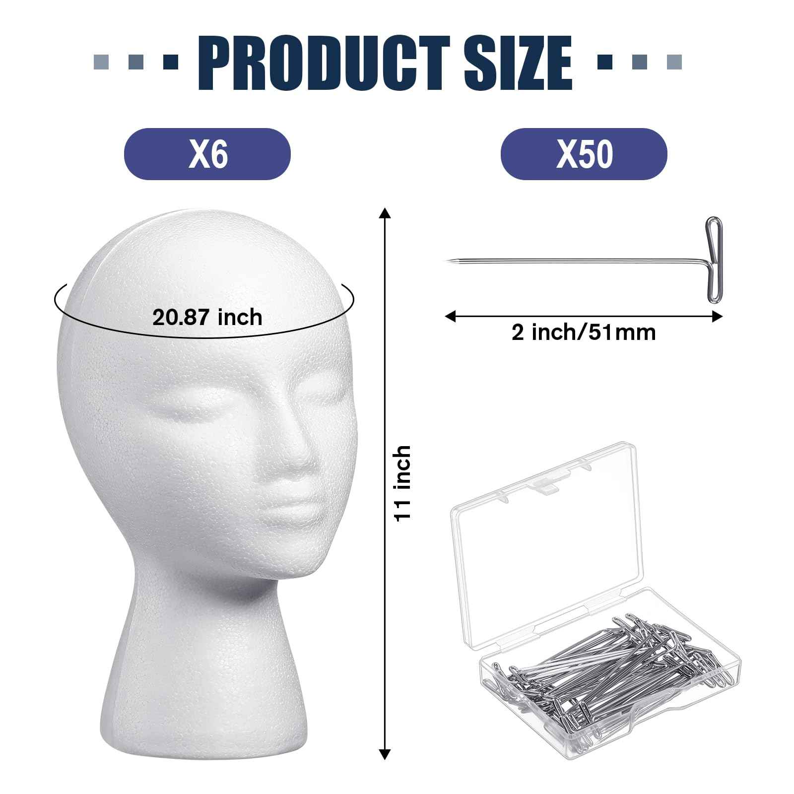 Gisafai 6 Pcs Foam Wig Head with 50 Pcs T Pins Female Foam Mannequin Wig Stand and Holder 11" Tall Cosmetics Model Head Display Hair, Hats Hairpieces Display for Home Travel Salon(White)