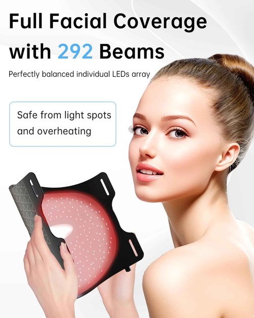 Red Light Therapy Mask: 292 LEDs High Energy Professional Infrared Red Light Therapy Device for Face Led Lighting Facial Mask Replace Photon Rejuvenation - Black
