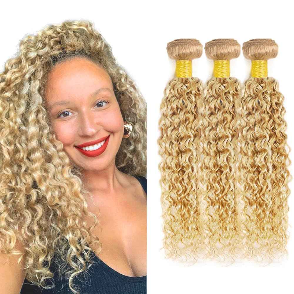 30 32 34 Inch DiexrLamx Hair Blonde Curly Wave Bundles 27/613 Curly Human Hair Bundle 18 20 22 Inch Brazilian Virgin Hair 3 Bundles Blonde Highlight Bundle