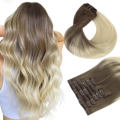 HOTBANANA Human Hair Clip in Hair Extensions, 9/60 Ash Brown to Platinum Blonde 120g Clip in Hair Extensions Real Human Hair Straight Remy Hair Clip in Hair Extensions 16 Inch 7pcs