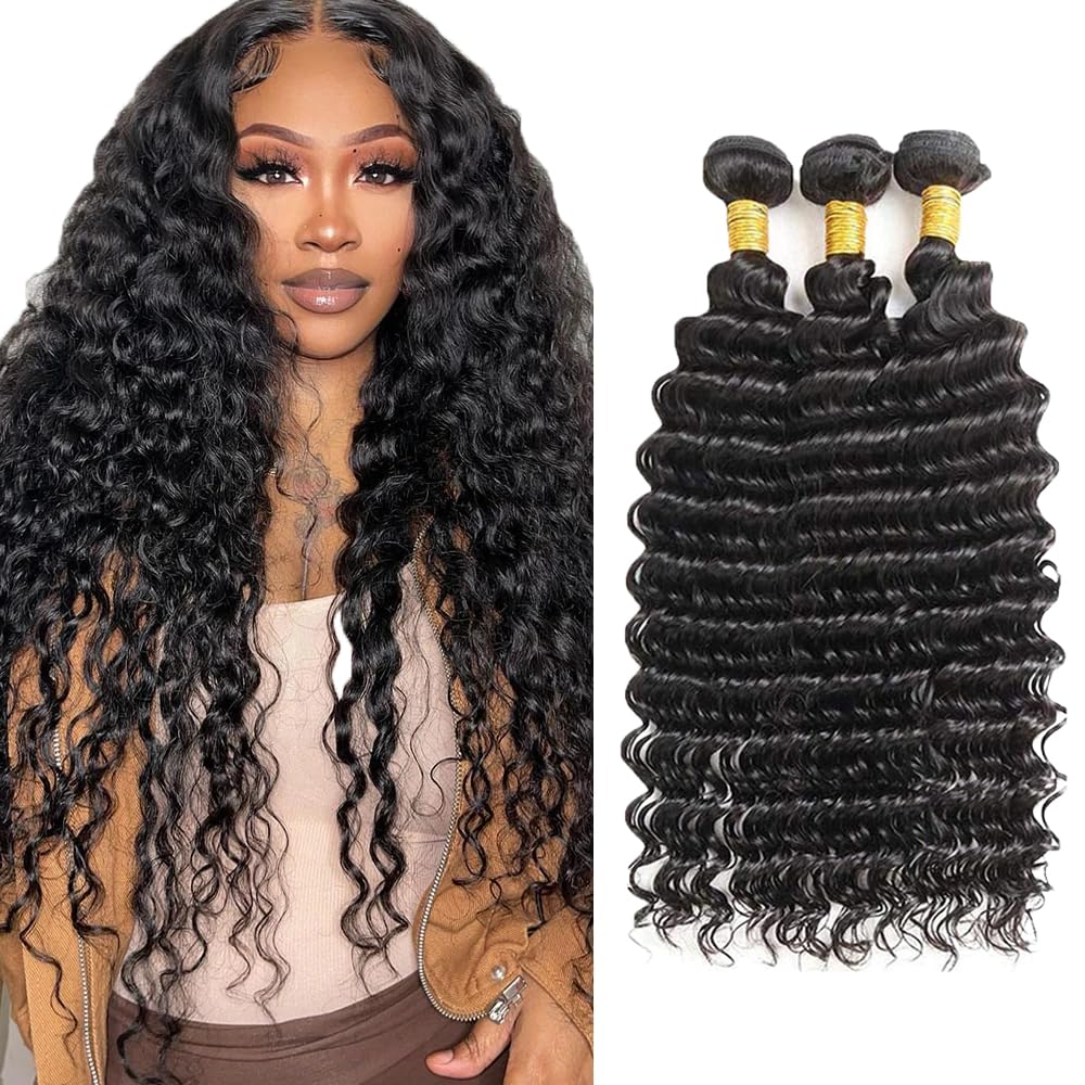 30 32 34 inch Vinmdonm Deep Wave Bundle Human Hair Natural Black Deep Wave Bundles 100% Unprocessed Brazilian Virgin Hair 3 Bundles 150g