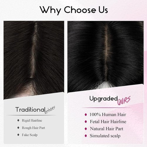 EMMOR Real Human Hair Topper for Women, Breathable Handmade Base with 3 Non-Slip Clips,100% Human Hair for Women, Top Hairpieces for Thinning Hair & Natural Looking