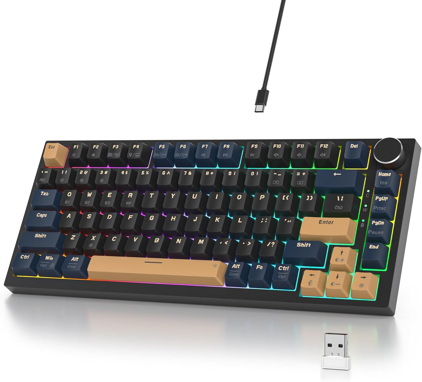 400PRO 75% Wireless Black Blue Gaming Keyboard, Gasket Hot Swappable RGB Mechanical Keyboard, Bluetooth/2.4GHz/USB-C Thocky Keyboard with Pre-lubed Cream Grey Switches (82 Black Blue-B)