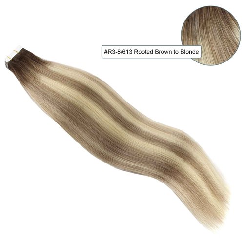 Sassina Tape in Hair Extensions Rooted Brown to Blonde 20 Inch Remy Human Hair 50 Gram Soft Invisible Seamless Skin Weft Human Hair 20 Pcs #R3/8-613