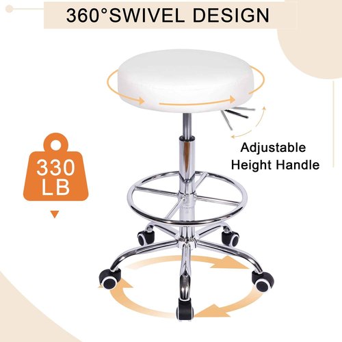 VECELO Round Rolling Stool with Footrest and Wheels, Easy Assembly PU Leather Height Adjustable Drafting Swivel Chair for Spa Salon, Office, Medical, Beauty, Bar, Lab, White