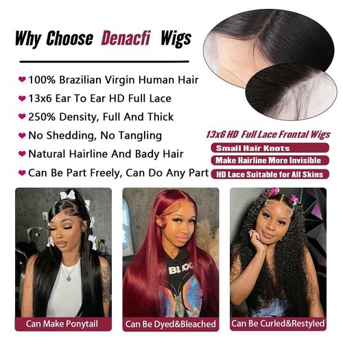 denacfi 250 Density 13x6 Full Lace Frontal Wigs Human Hair Straight Lace Front Wigs 12A Brazilian Virgin Human Hair Wigs for Women Glueless Wigs Pre Plucked 20 Inch
