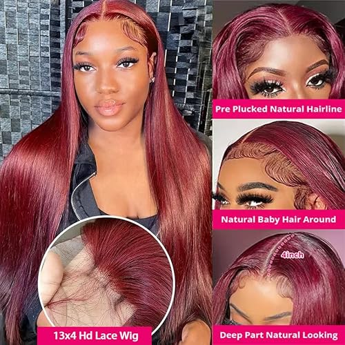 24Inch Burgundy Wig Human Hair 13X4 99J Burgundy Straight Lace Front Wigs Human Hair Pre Plucked 200% Density HD Transparent Glueless Red Burgundy Straight Wigs Human Hair for Women with Baby Hair