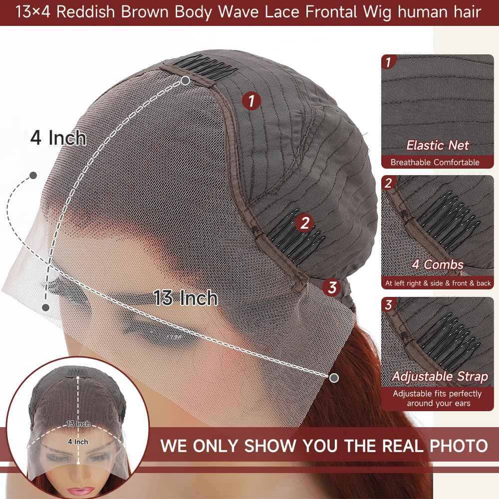 KEKEYY 28 Inch Reddish Brown Lace Front Wigs Human Hair Pre Plucked 200 Density Body Wave Lace Frontal Wig Human Hair 13x4 HD Lace Brown wig with baby hair