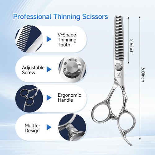 Fenice Peak 6'' Hair Cutting Scissors Set 440C Stainless Steel Barber Shears Kit with Cutting & Thinning Scissors