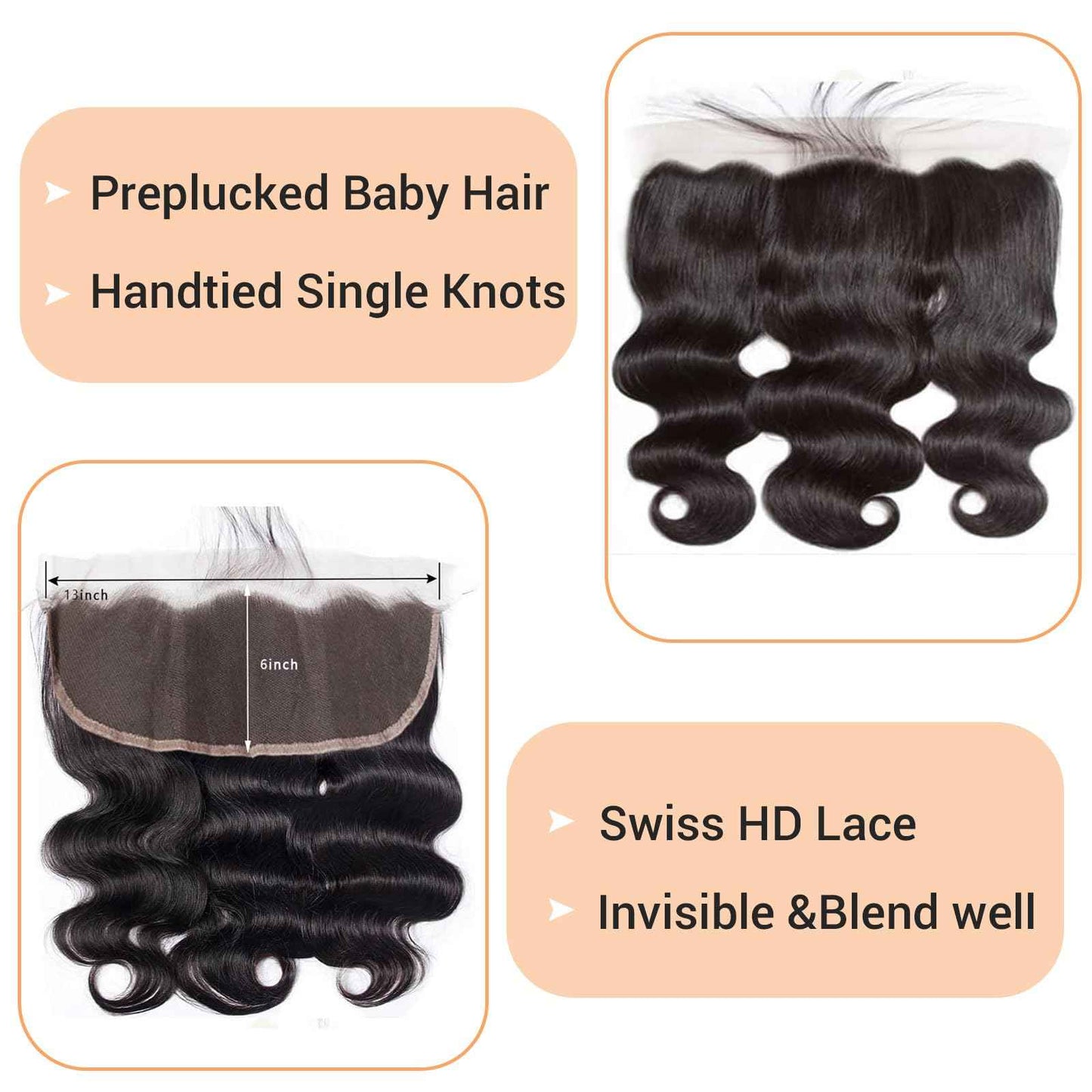13x6 Frontal Human Hair Body Wave HD Transparent Ear to Ear Lace Frontal Closure With Baby Hair Free Part 100% Virgin Human Hair Natural Black 14 Inch