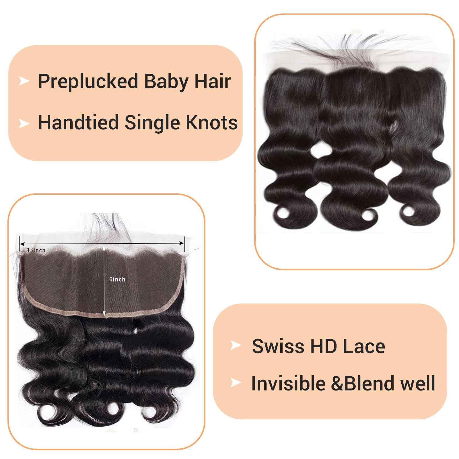 13x6 Frontal Human Hair Body Wave HD Transparent Ear to Ear Lace Frontal Closure With Baby Hair Free Part 100% Virgin Human Hair Natural Black 14 Inch