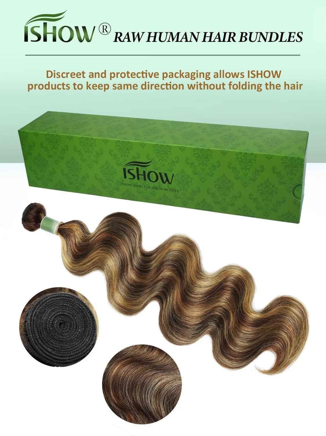 ISHOW Raw Human Hair Bundles, 100% Unprocessed Virgin Human Hair, 15A Body Wave Premium Quality Bundles Producer, 18 Inch Single Bundle, Long Lasting, Ombre Honey Blonde Color P4/27