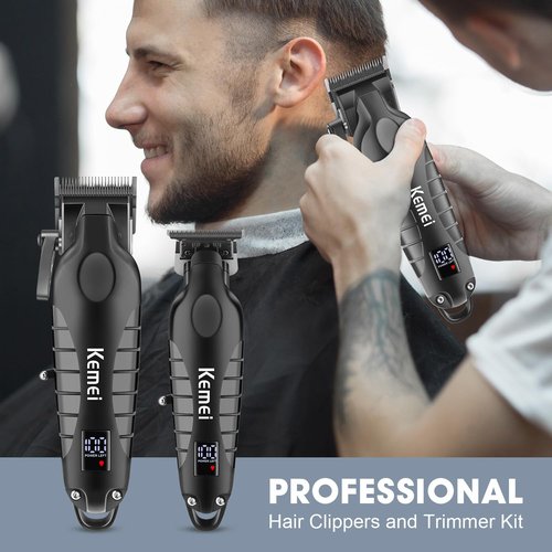 Kemei Hair Clipper and Trimmer Set Professional Cordless Hair Clipper for Men Electric Beard Trimmers Barber Hair Cuttings Kit, T Blade Trimmers for Men with LCD Display, KM-2290，KM-2293