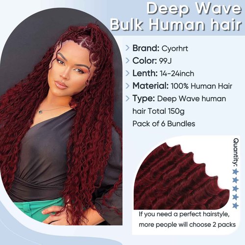 99j Burgundy Human Braiding Hair for Boho Braids,150g 22 inch 6 Bundles Burgundy Deep water Wave Bulk Boho Curly Human Hair for Braiding,Wine red No Weft Wet and Wavy Braiding Hair Extensions