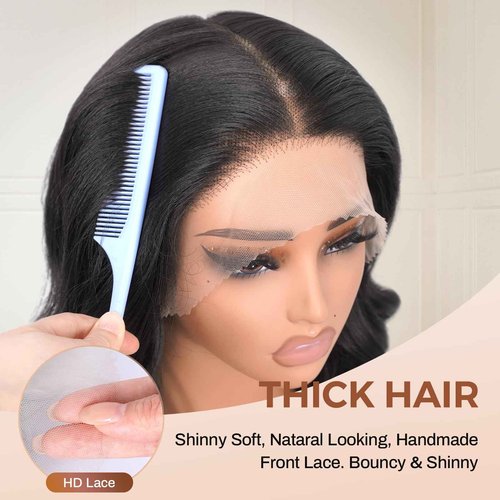 Body Wave 13x6 HD Lace Front Wigs Blend Human Hair 180% Density Bob Wig Pre Plucked Short Bob Wigs for Black Women Glueless Frontal Wig Synthetic Hair Natural Black Loose Wavy 16 Inch