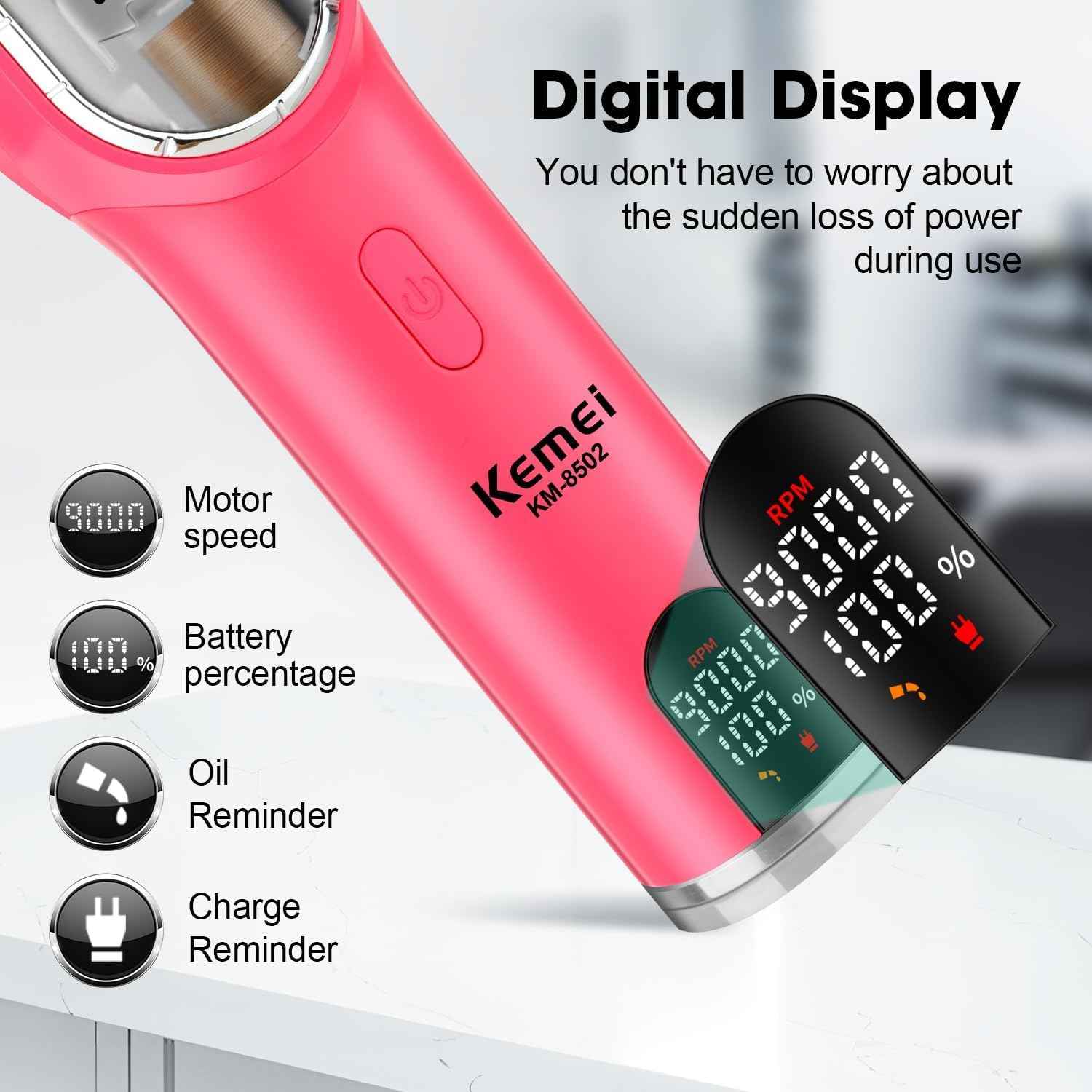 KEMEI Hair Clipper and Trimmer Set Professional Cordless Hair Clipper for Men, Electric Barber Clipper Hair Cuttings Kit, 9000 RPM Motor, DLC T-Blade Trimmers for Men with LCD Display, KM-8502, Pink