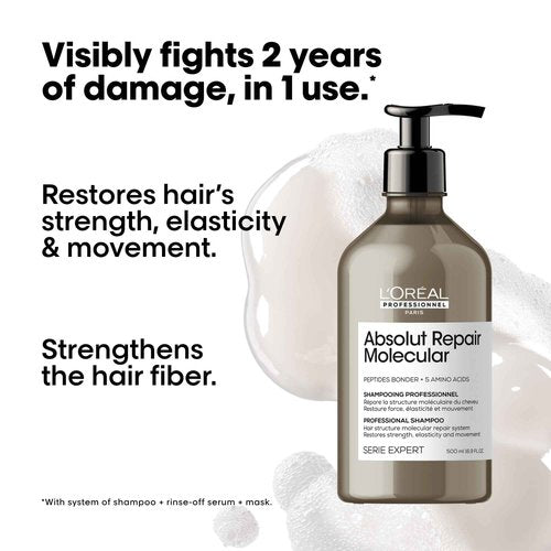 L'Oréal Professionnel Paris Absolut Repair Molecular Shampoo & Rinse-Off Serum Set - Strengthening For Dry Damaged Hair, With Peptide Bonder & Amino Acids, Sulfate-Free