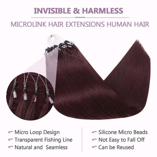 Benehair Micro Loop Hair Extensions Real Human Hair Wine Red Microlink Hair Extensions Human Hair 24inch Micro Link Hair Extensions for Women Invisible Natural Hair Extensions Add Volume