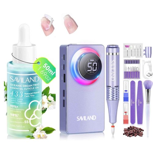 Saviland 50000RPM Nail Drill & Cuticle Oil: 2024 High Tech Fast Removal Electric Nails Drill Kit 6000mAh Rechargeable Machine Dremal Professional Drill Bit Nail File Buffer Tools