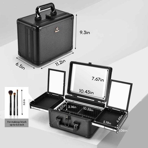Faquenc Makeup Case With LED Lighted Mirror 11.2 Inch Travel Makeup Train Case Adjustable Brightness in 3 Colors Cosmetic Organizer Artist Storage Box 2 Trays with Dividers Hard Make Up Vanity Black