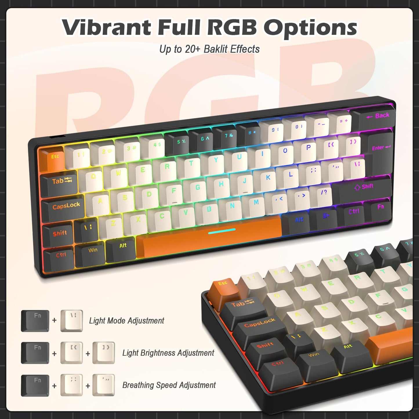 ZIYOU LANG RK-T60 Wired Mechanical Gaming Keyboard and Mouse Combo Mini Portable with Rainbow Backlit 62Key NKRO 6400DPI RGB Honeycomb Mice Coiled Aviator C Cable for PC/Win Gamer(Yellow/Brown Switch