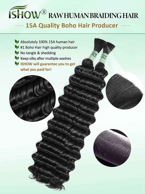 ISHOW Raw Human Braiding Hair, 100% Unprocessed Virgin Human Hair, 15A Deep Wave Boho Hair, 100g 18 Inch (2 Packs), NO.1 Premium Quality Boho Hair Producer, Long Lasting, Color 1B