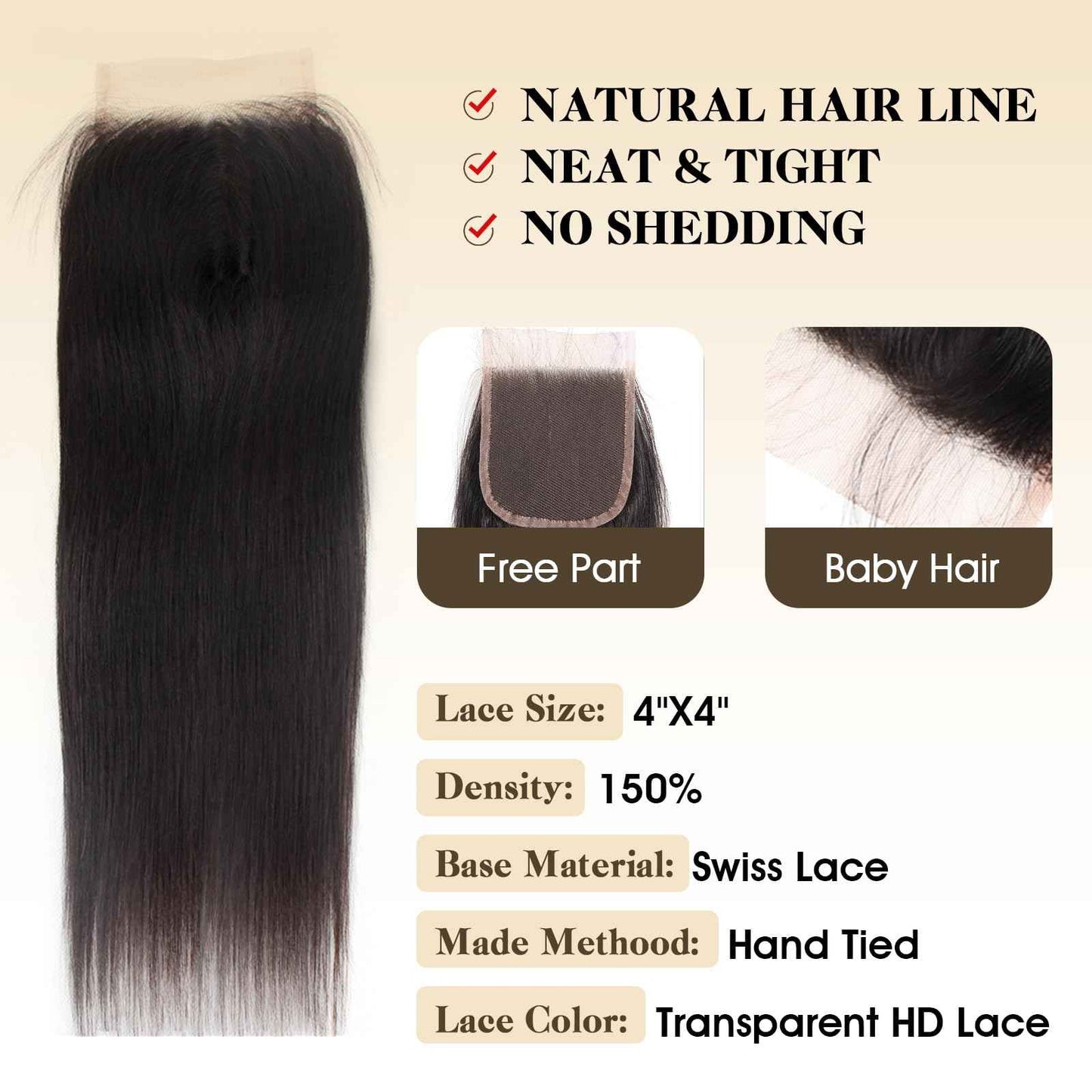 Human Hair Bundles with Closure Straight(16 18 20 +14,Free Part) Closure with 3 Bundles Brazilian Virgin Hair 16A Extensions with Pre Plucked with Baby Hair 4X4 HD Lace Closure Natural Black Color